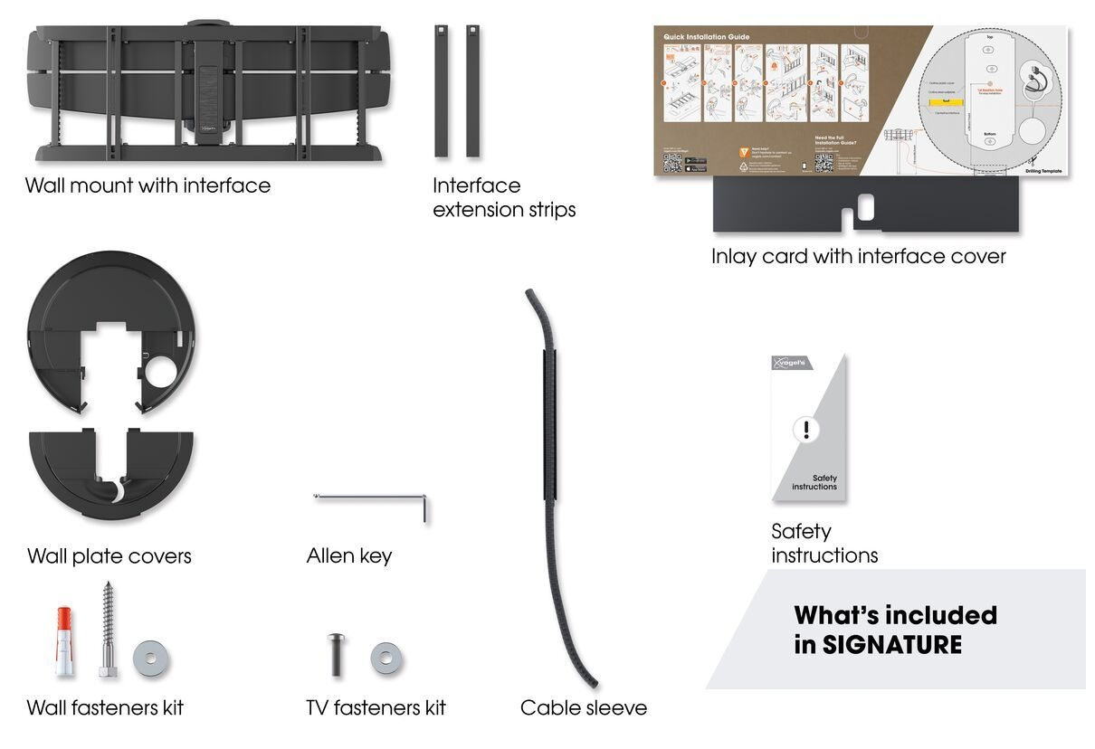 Obraz przedstawia zestaw do montażu telewizora z elementami: uchwyt ścienny, paski przedłużające, klucz imbusowy i różne elementy mocujące.