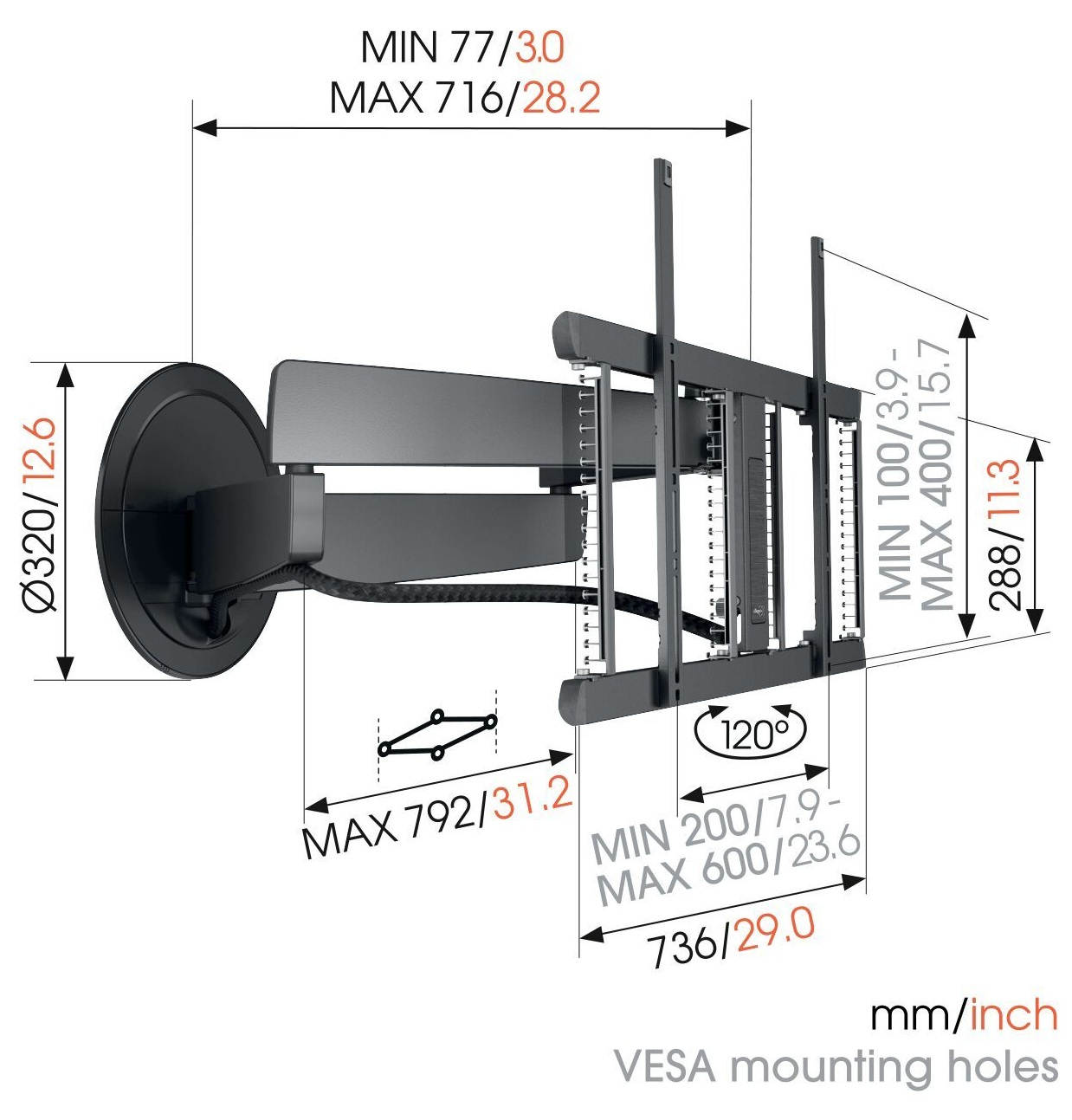 Czarny uchwyt TV z wymiarami w mm/calach. Pokazuje wymiary, kąty i otwory montażowe VESA.