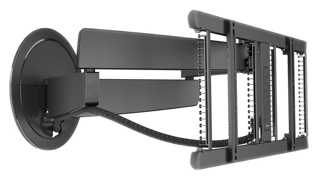 Czarny uchwyt ścienny z wieloma elementami. Ma okrągłą płytę ścienną, prostokątne ramiona i ramę z otworami montażowymi.