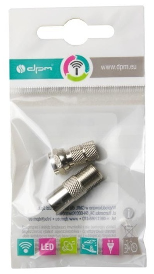 Dwa srebrne złącza koncentryczne w przezroczystym plastikowym opakowaniu z marką 'dpm'.