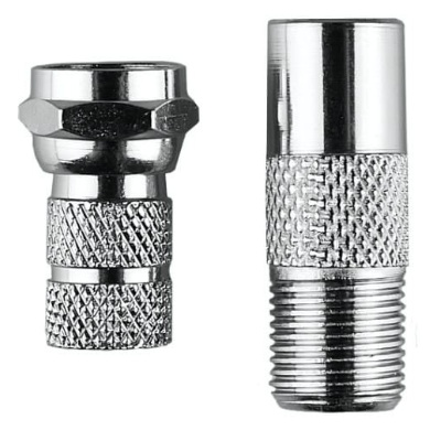 Dwa srebrne złącza kabla koncentrycznego. Jedno ma sześciokątną główkę. Oba mają teksturowane uchwyty i gwintowane końce.