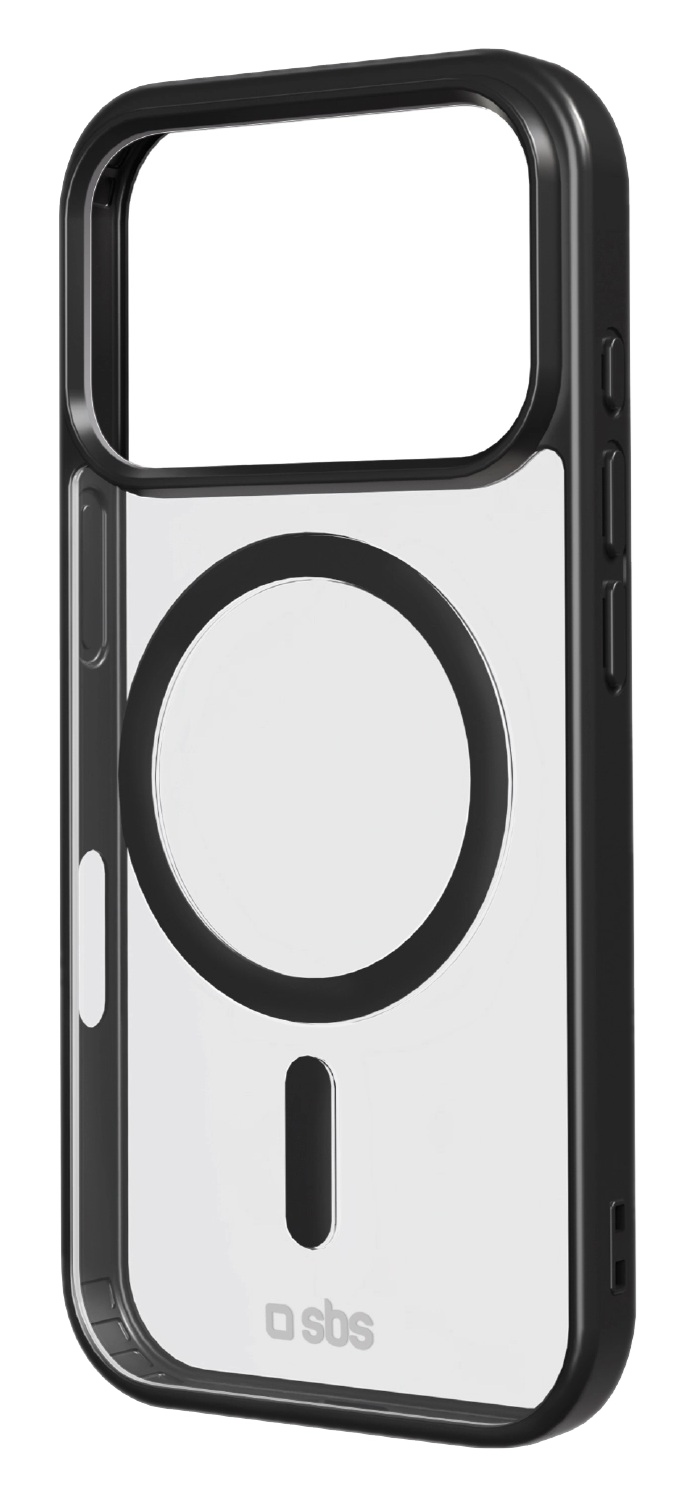 Przezroczyste etui na telefon z czarną ramką. Z tyłu ma okrągły i pionowy owalny kształt, z logo 'sbs'.