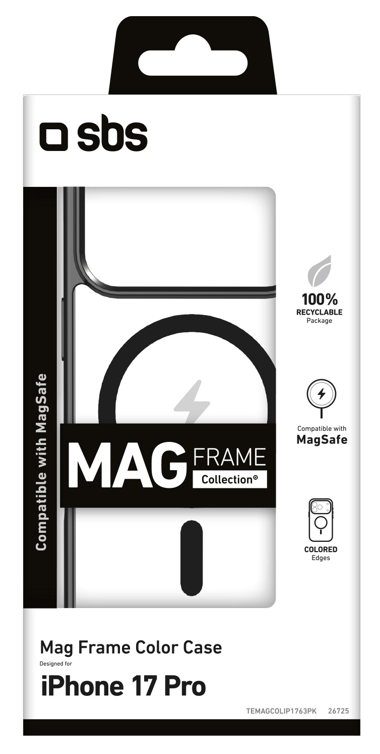 Pudełko na etui na telefon z marką SBS. Zawiera 'Mag Frame' i jest przeznaczone dla iPhone 17 Pro. Pudełko jest biało-czarne.