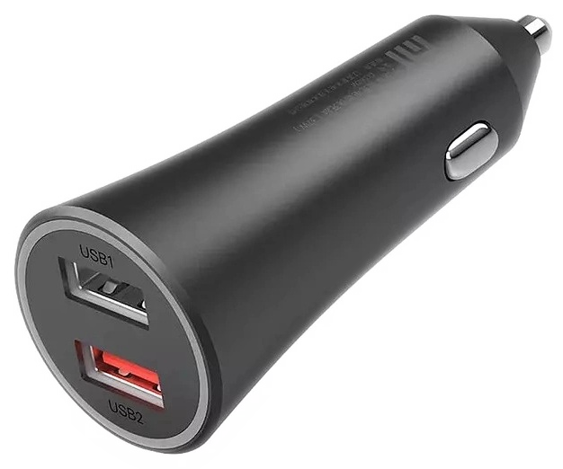 Czarna ładowarka samochodowa z dwoma portami USB, oznaczonymi USB1 i USB2. USB2 ma czerwone wnętrze. Ładowarka ma srebrny przycisk.