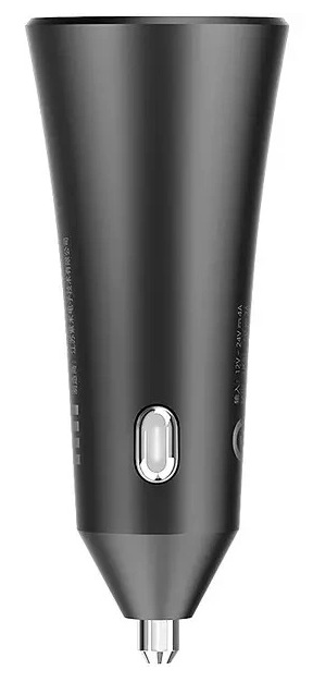 Czarne urządzenie w kształcie stożka. Ma przycisk zasilania i srebrną końcówkę.