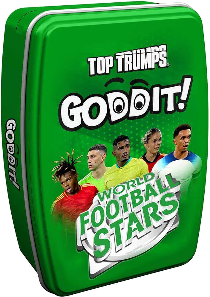 Zielona puszka do gry w karty Top Trumps z piłkarzami. Tytuł brzmi 'Goddit!' i 'World Football Stars'.
