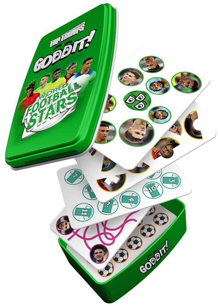 Zielone pudełko do gry karcianej Top Trumps z World Football Stars z przodu. Widoczne karty piłkarzy.