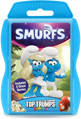 Gra karciana Smurfs Top Trumps. Zawiera niebieskie postacie Smerfów, w tym Smerfetkę. Niebieskie etui z logo 'TOP TRUMPS'.