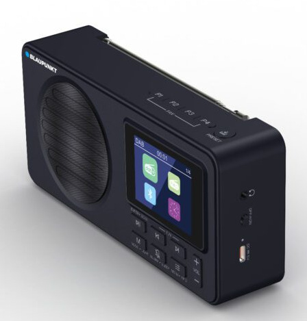 Czarny radioodtwarzacz Blaupunkt z ekranem wyświetlającym ikony. Ma przyciski na górze i z boku. Głośnik po lewej stronie.
