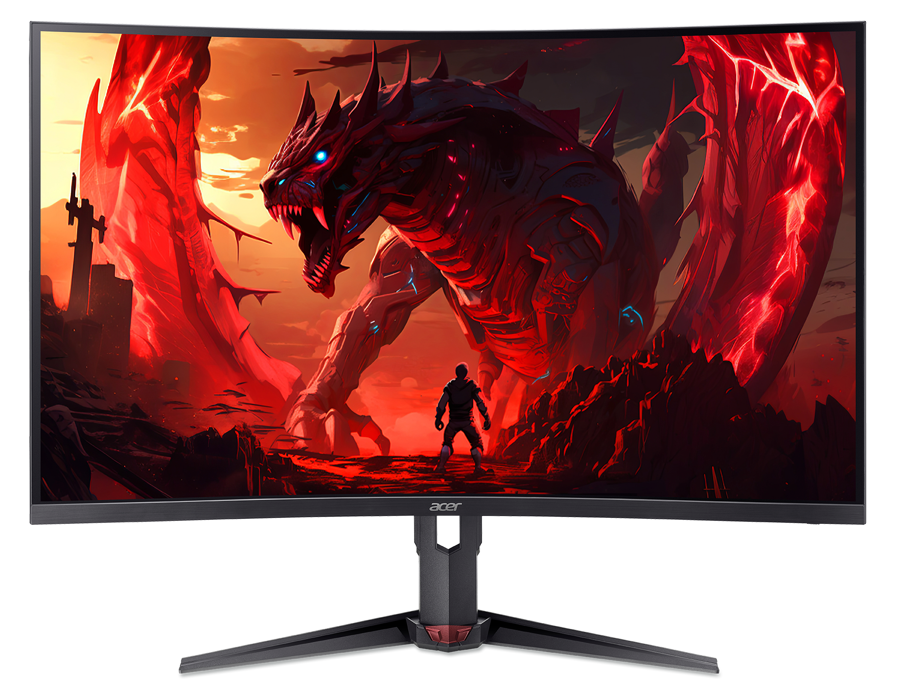 Zakrzywiony monitor Acer wyświetla ognistą scenę ze smokiem i postacią, która stoi naprzeciwko niego.