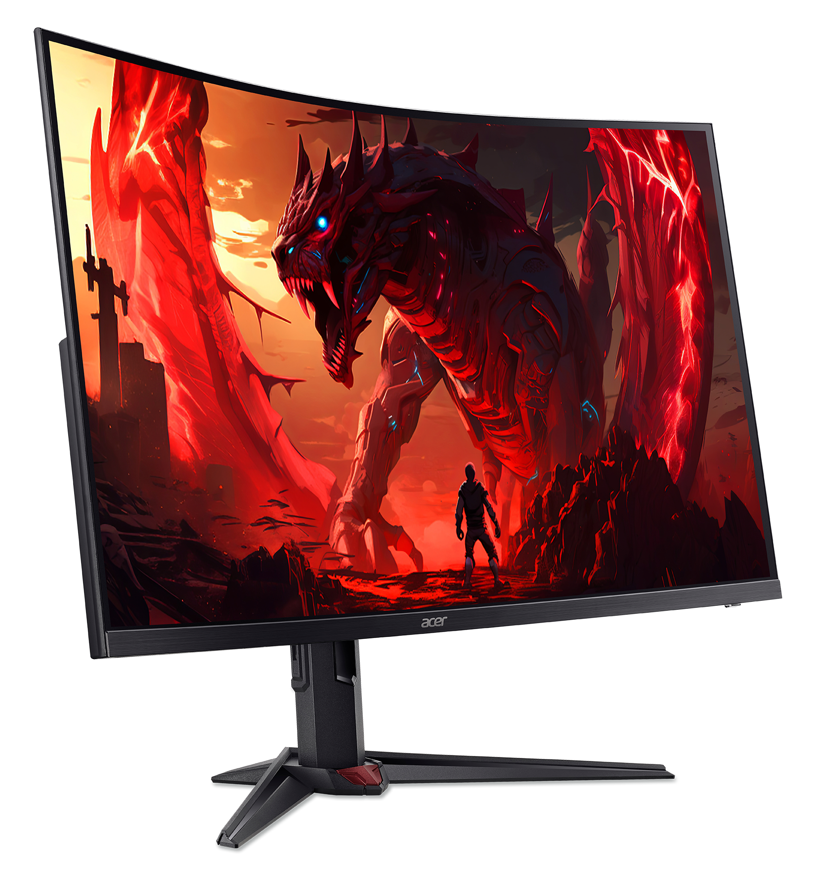 Zakrzywiony monitor przedstawia smoka i postać. Czerwone i pomarańczowe odcienie dominują. Widoczne logo Acer.