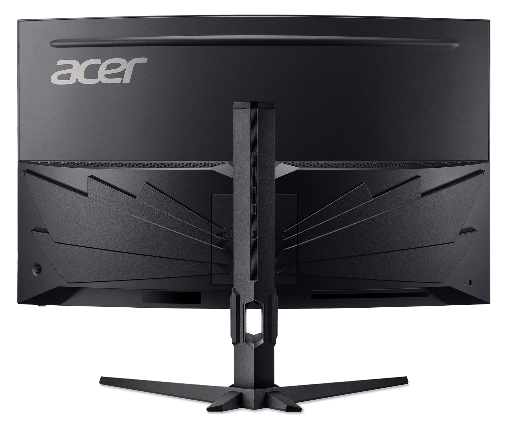Tył czarnego monitora Acer. Logo Acer jest widoczne u góry. Podstawa jest również czarna i ma podstawę w kształcie litery Y.