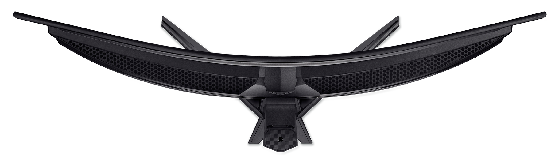 Widok z góry na zakrzywiony czarny monitor. Ma otwór wentylacyjny o wzorze plastra miodu i podstawę.
