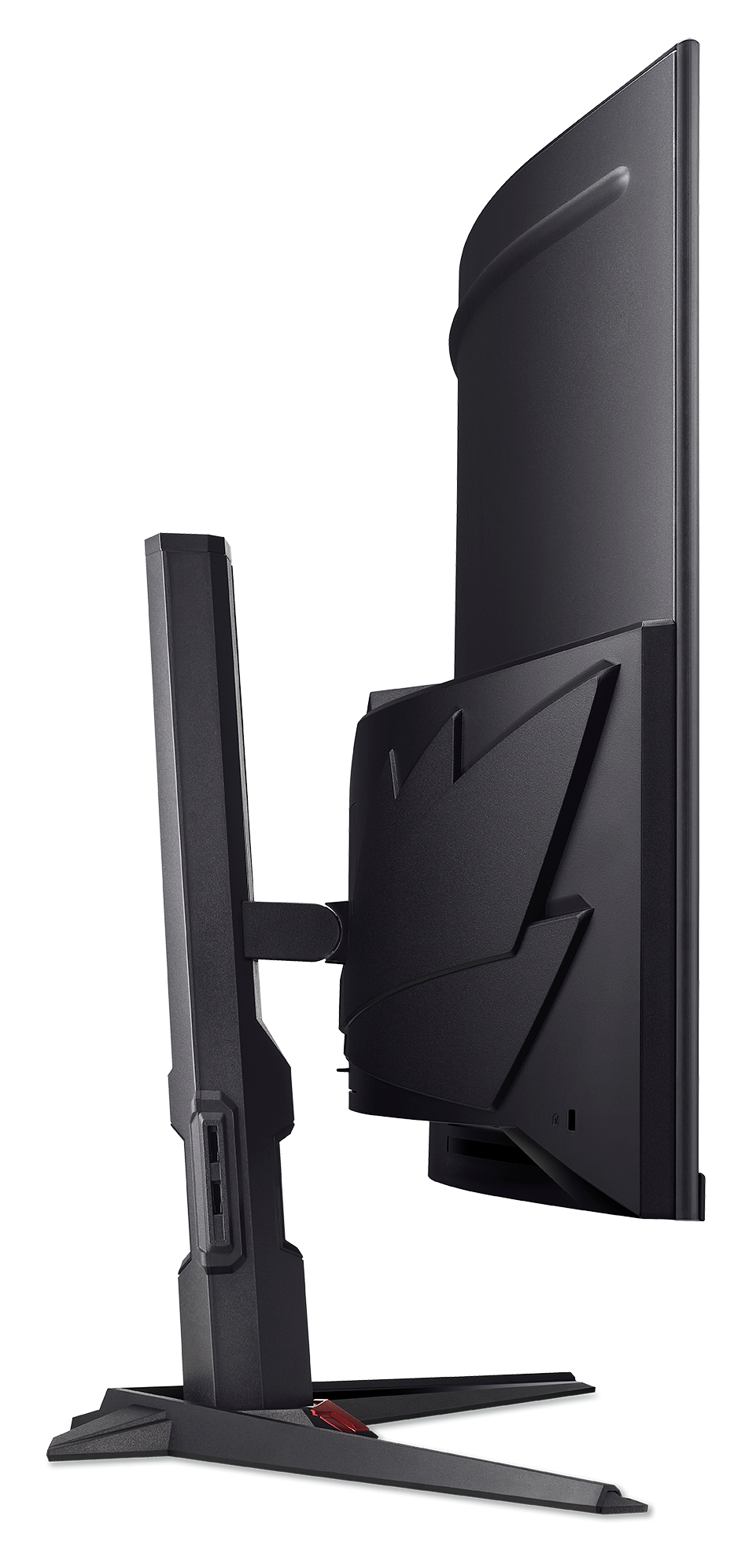 Widok z boku czarnego monitora komputerowego. Posiada podstawę, ekran i tył z kątowymi elementami designu.