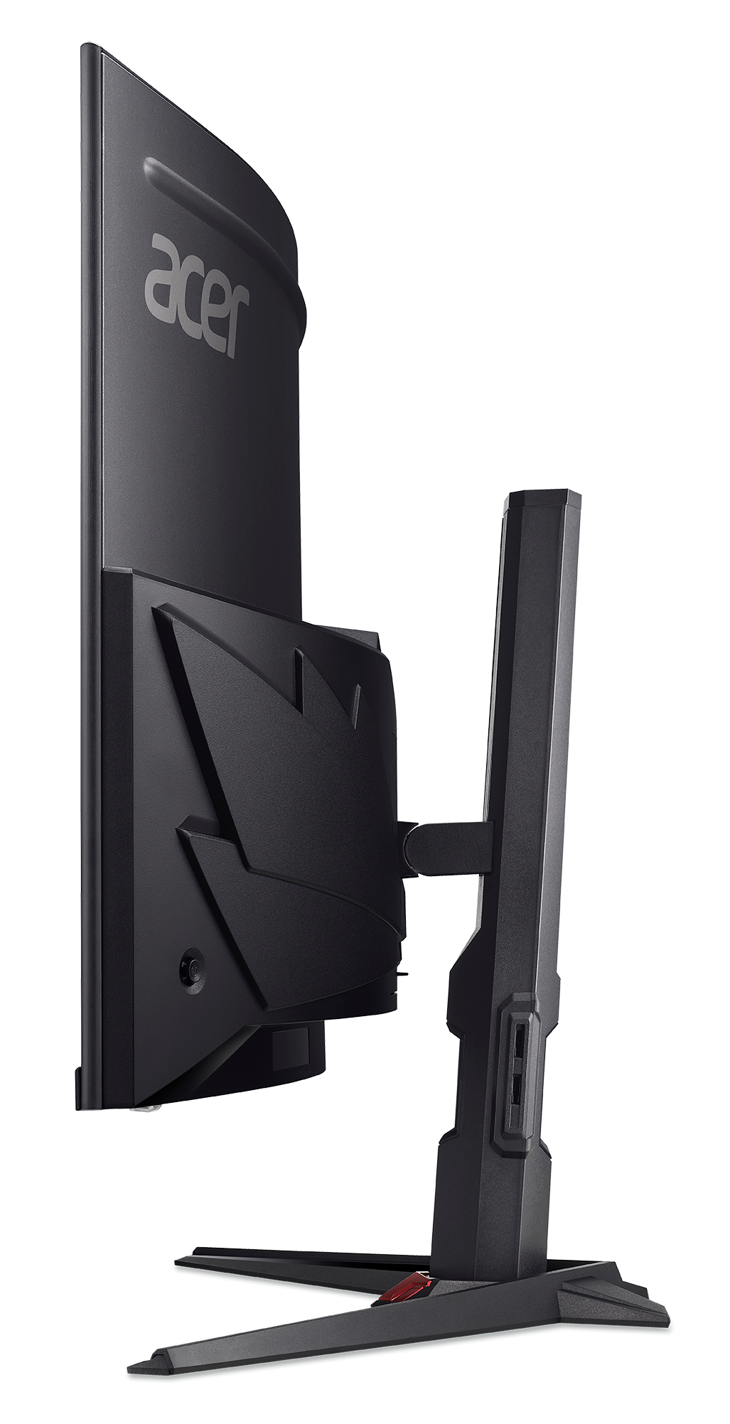 Widok z boku czarnego monitora do gier Acer. Ekran, stojak i podstawa są widoczne na czarnym tle.