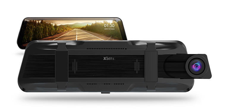 Czarna kamera samochodowa z ekranem pokazującym scenę drogową. Urządzenie ma obiektyw i uchwyty.