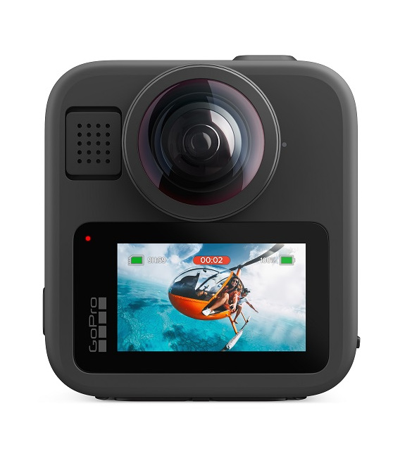 Czarna kamera GoPro z ekranem pokazującym helikopter. Kamera ma duży obiektyw i mały ekran.