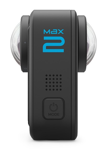 Czarna kamera GoPro Max 2 z dwoma obiektywami typu rybie oko, niebieskim napisem 'Max 2' i przyciskiem trybu. Białe tło.