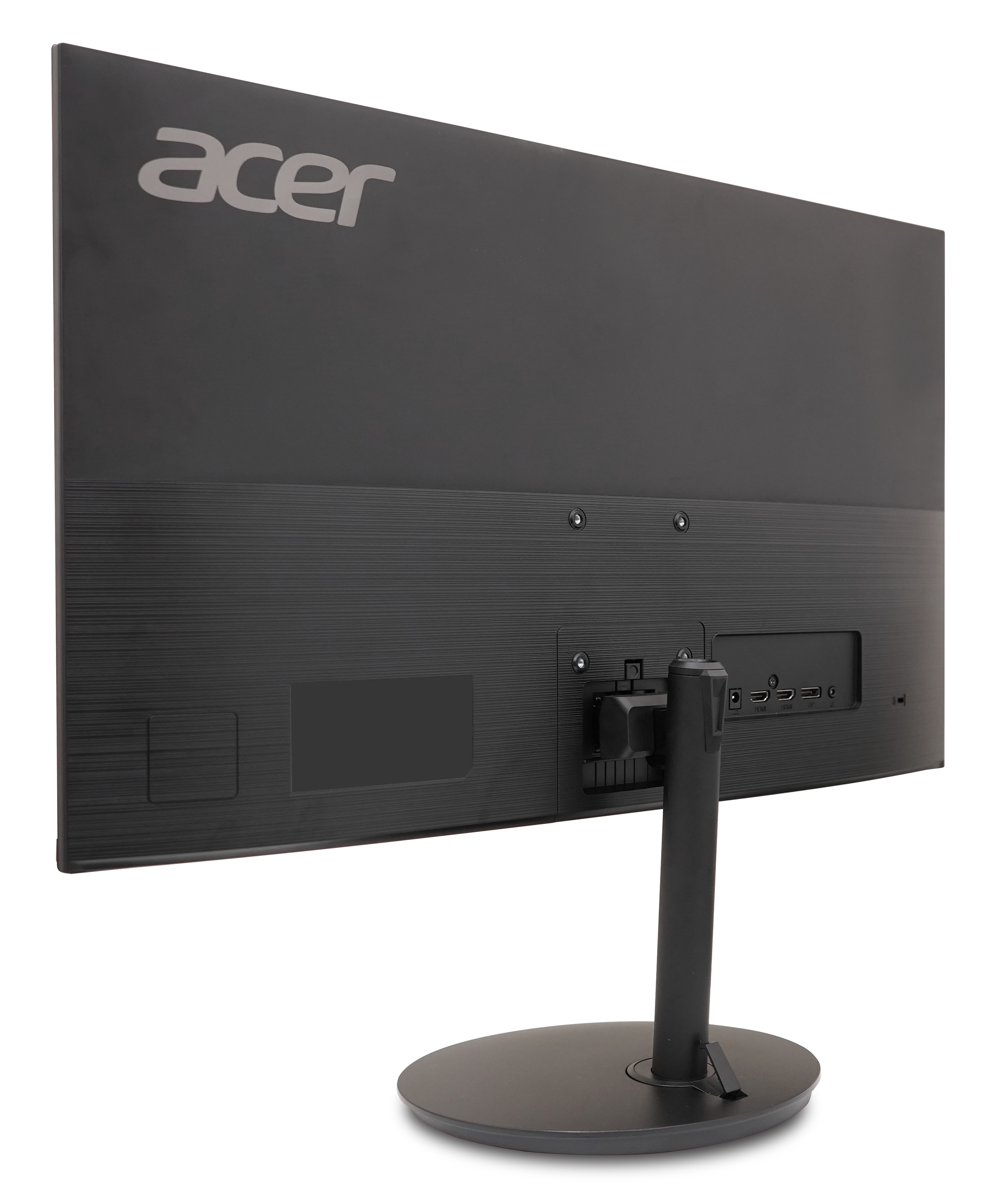 Widok z tyłu czarnego monitora Acer. Widoczne porty. Monitor stoi na podstawie.