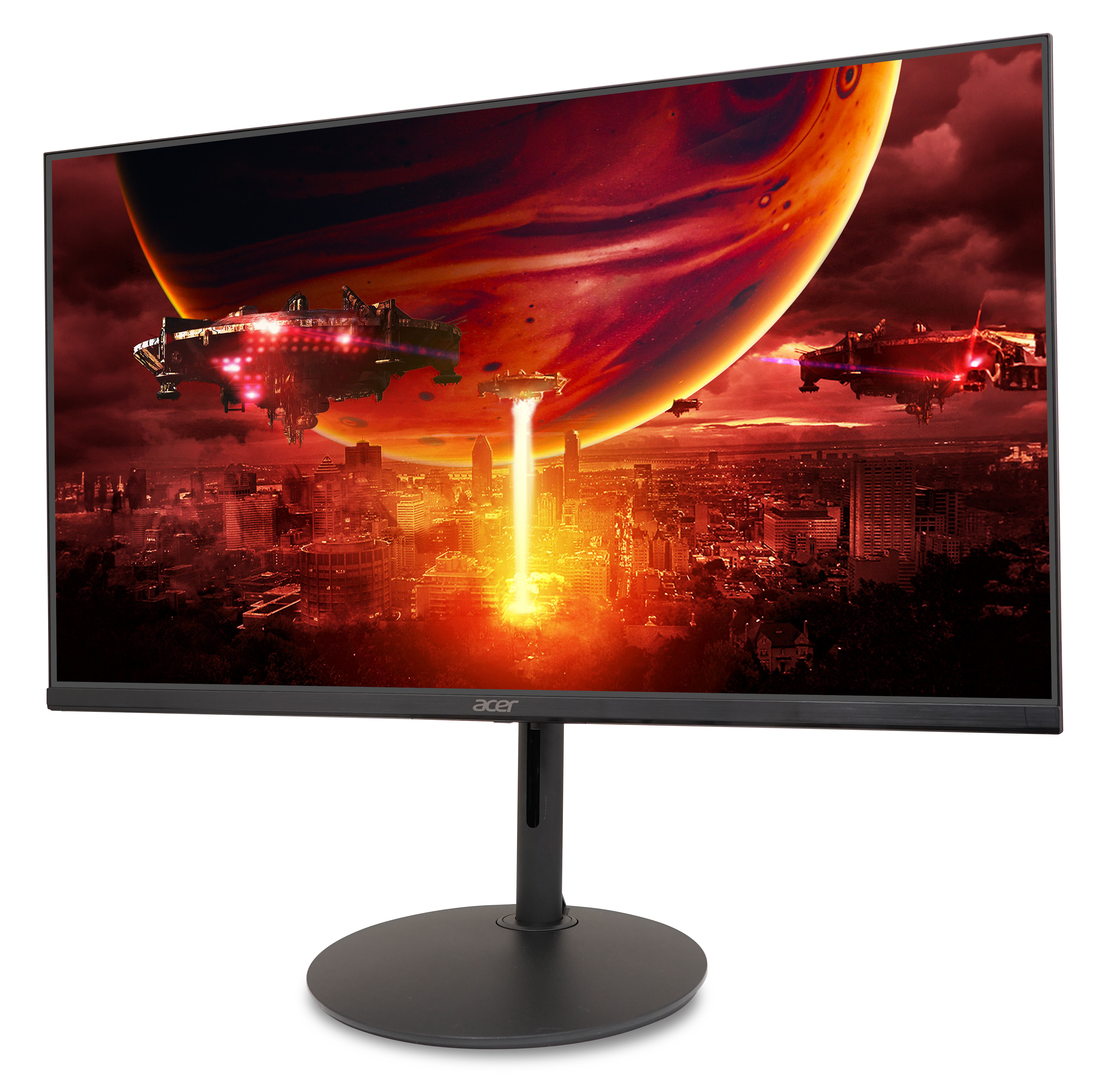 Monitor wyświetla krajobraz science-fiction z statkami kosmicznymi i planetą w tle, logo Acer na dole.