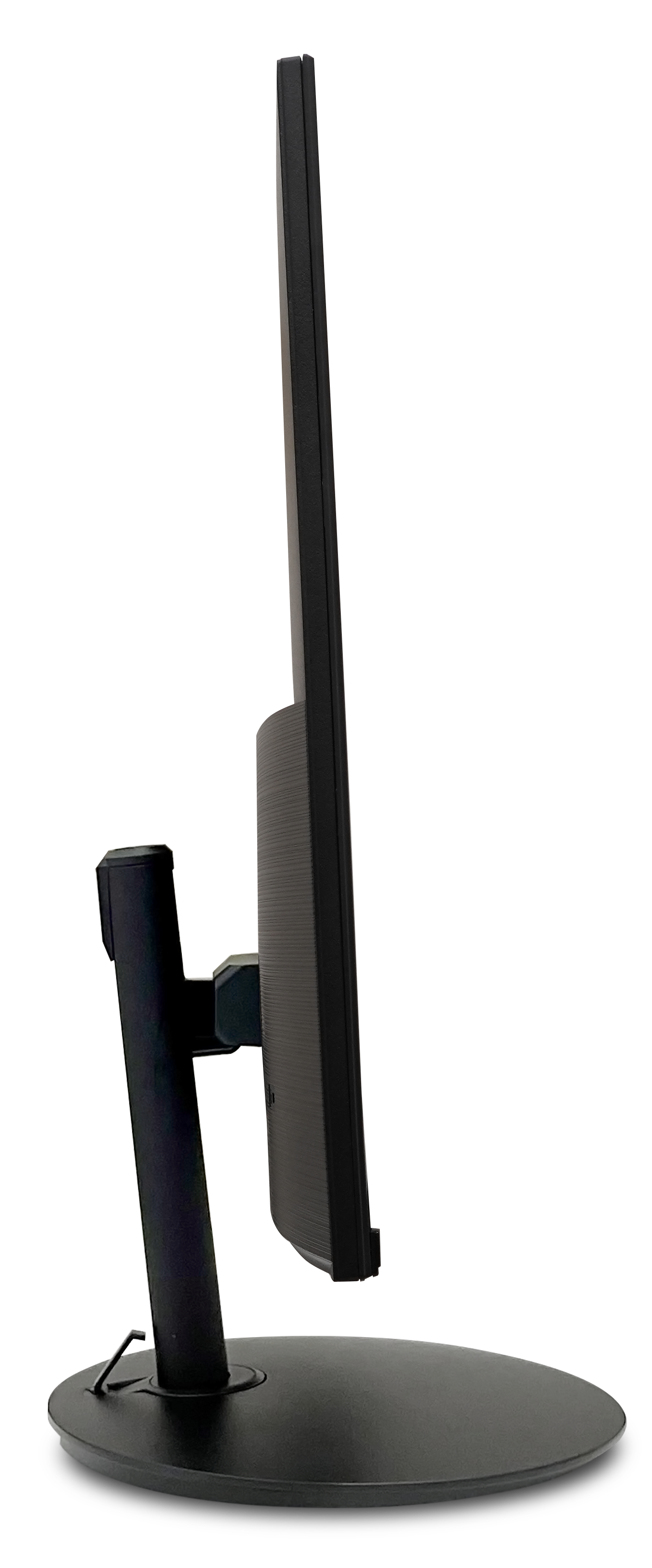 Widok z boku czarnego monitora. Ekran jest cienki z czarną ramką, zamontowany na czarnej podstawie.