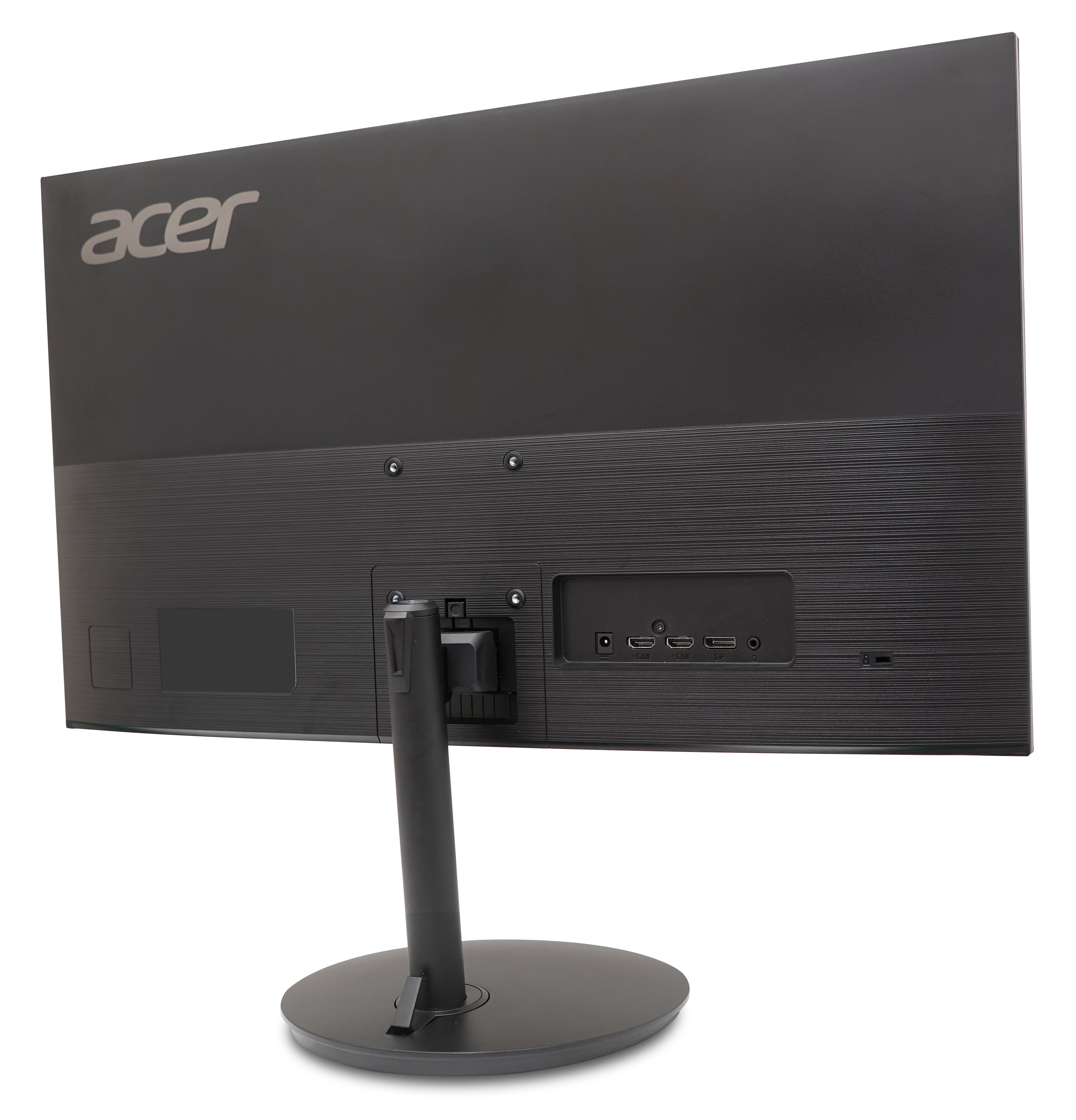 Tył czarnego monitora Acer. Posiada logo Acer, porty i podstawkę.