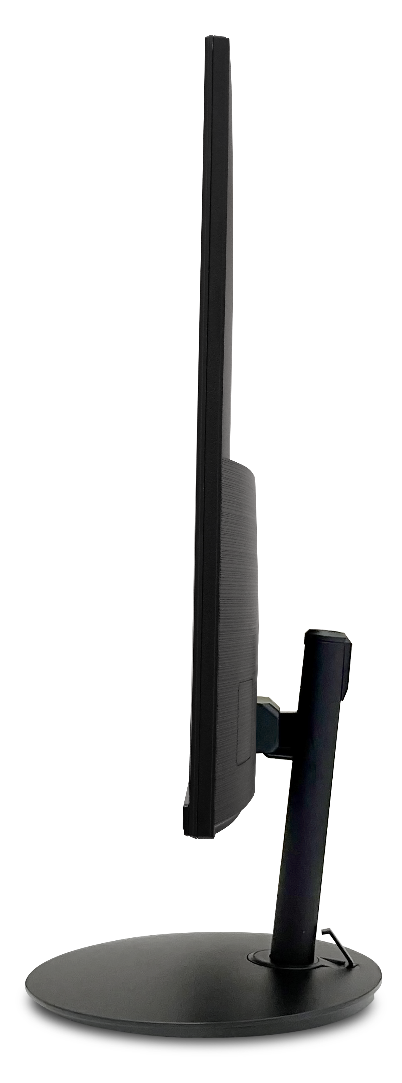 Widok z boku czarnego monitora komputera. Jest na czarnym stojaku. Tło jest czarne.