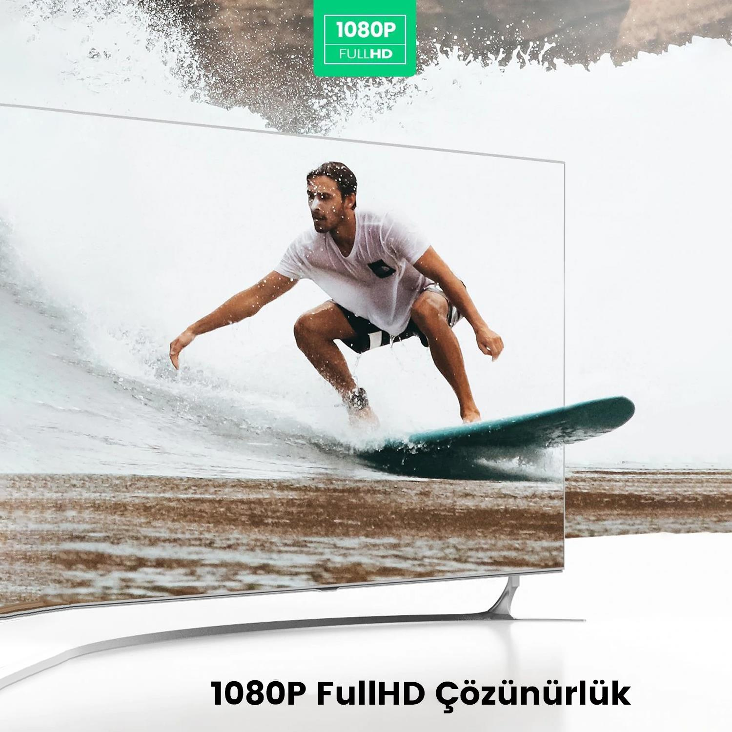 Mavi bir sörf tahtası üzerinde sörf yapan bir adam, bir dalgaya biniyor. Sahne bir TV ekranının içinde. Üstte 1080P Full HD yazıyor.