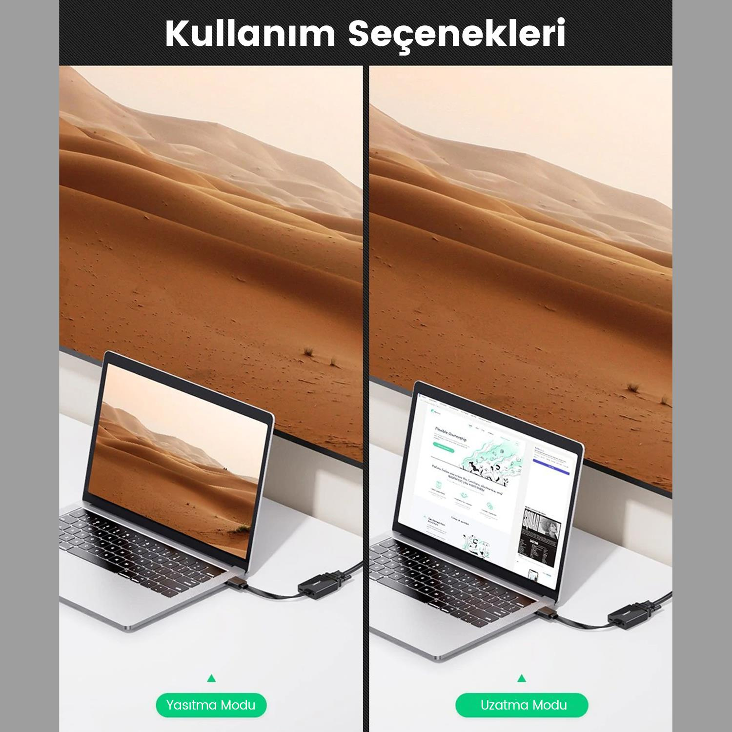 İki dizüstü bilgisayar Yasitma Modu ve Uzatma Modu seçeneklerini gösteriyor. Arka plan bir çöl manzarası.