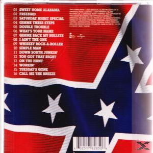 CD-Cover mit Titelliste vor rotem, weißem und blauem Hintergrund, der an die Konföderiertenflagge erinnert.