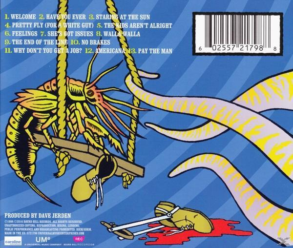 Albumcover-Kunst mit einem Cartoon-Hummer auf einer Schaukel, einem Schuh und einer Schleuder. Blauer Hintergrund mit diagonalen Linien und Text.