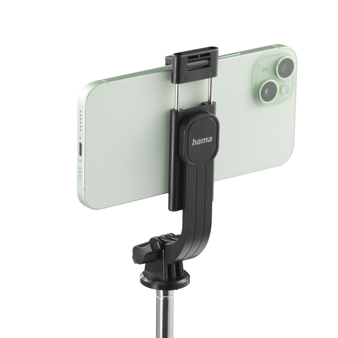 Açık yeşil bir telefon, siyah bir Hama telefon tutucu tarafından tutuluyor ve gümüş bir direğe monte edilmiş. Telefonun arkasında bir kamera var.