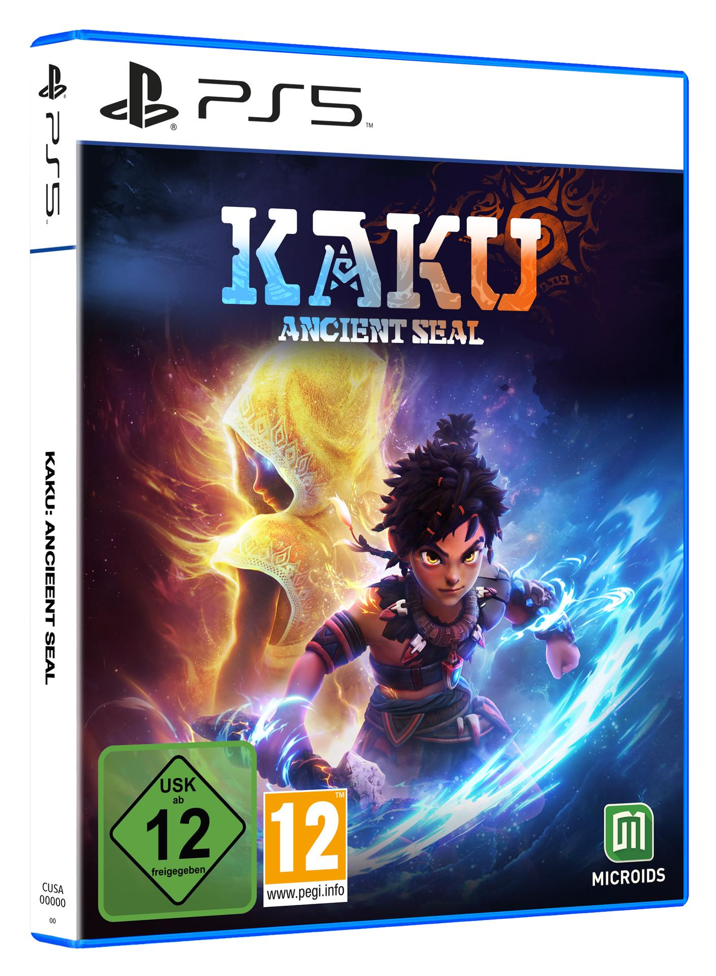 Spielbox-Art für Kaku: Ancient Seal. Zeigt einen Krieger mit Feuer- und Eiseffekten. Das PS5-Logo befindet sich oben.