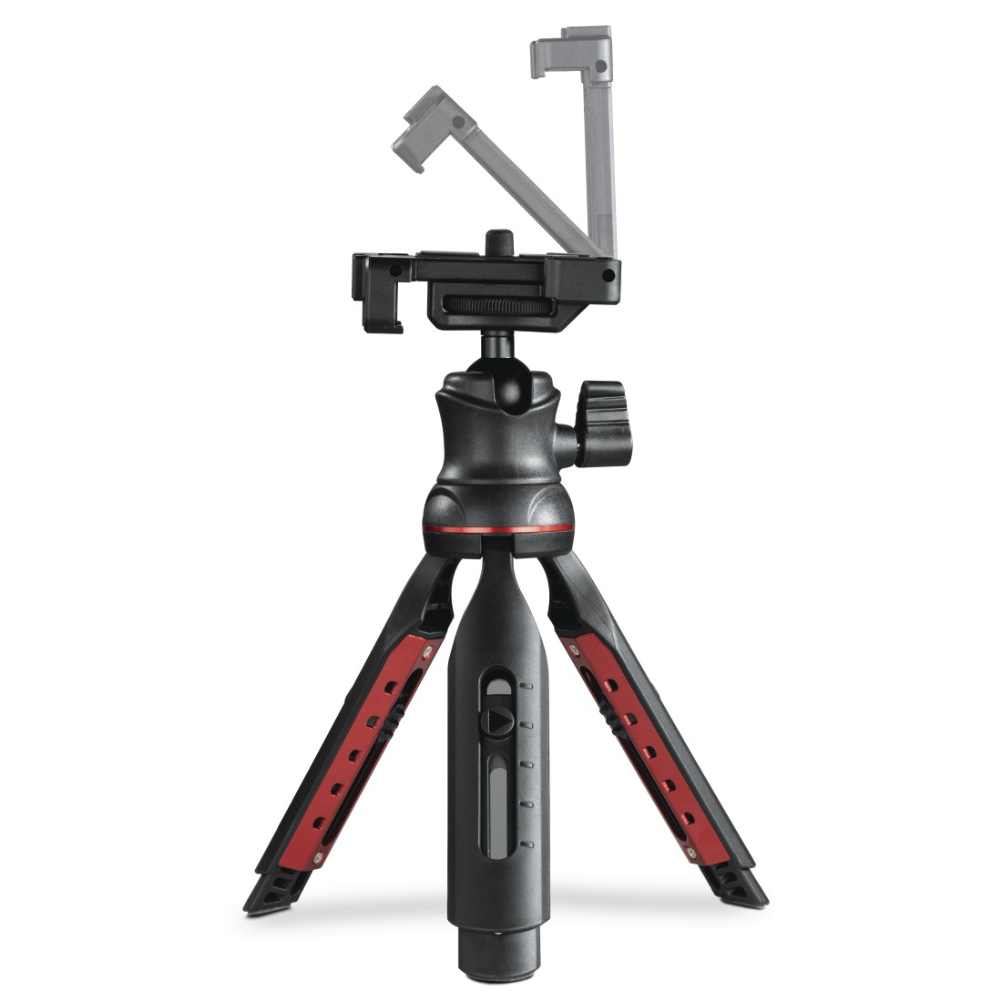 Üstünde telefon tutucu bulunan siyah ve kırmızı bir tripod. Telefon tutucu eğik bir konumda. Arka plan beyaz.