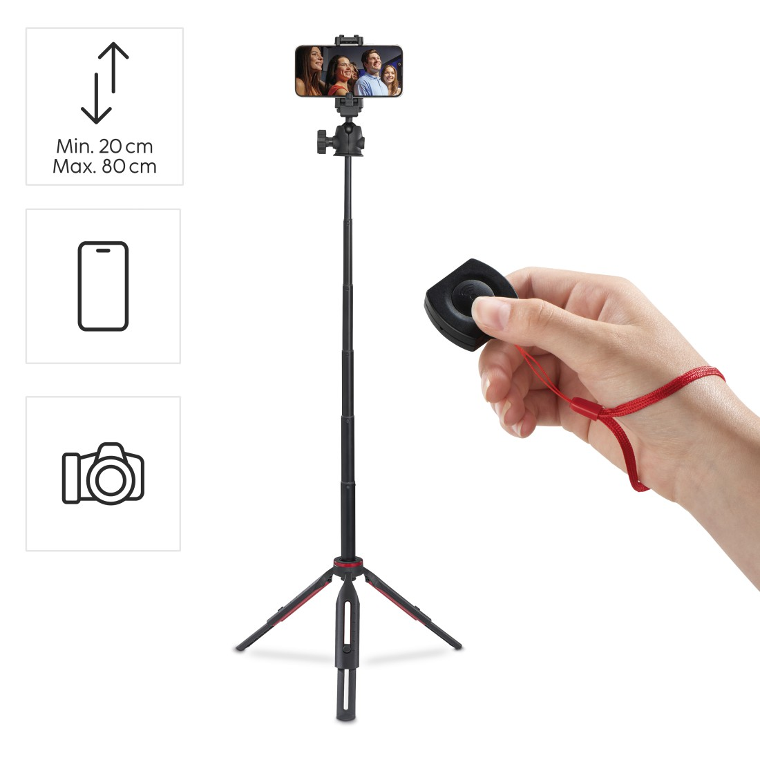 Bir grup fotoğrafı gösteren bir telefon bulunan bir selfie çubuğu. Bir el bir uzaktan kumanda tutuyor. Telefon ve kamera simgeleri.