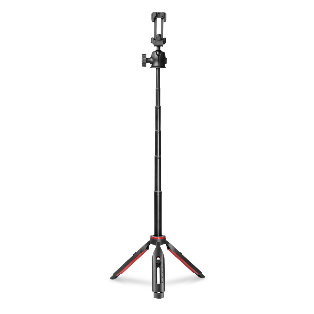 Beyaz zemin üzerinde, üstünde telefon tutucu bulunan siyah ve kırmızı bir tripod.