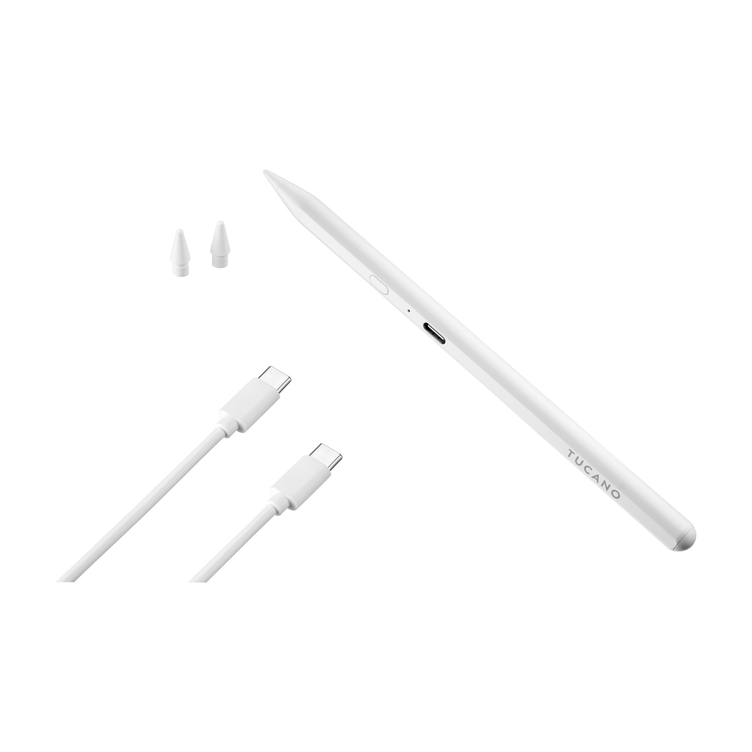 Una penna bianca con due punte di ricambio e due cavi USB-C bianchi. La penna è marchiata 'TUCANO'.