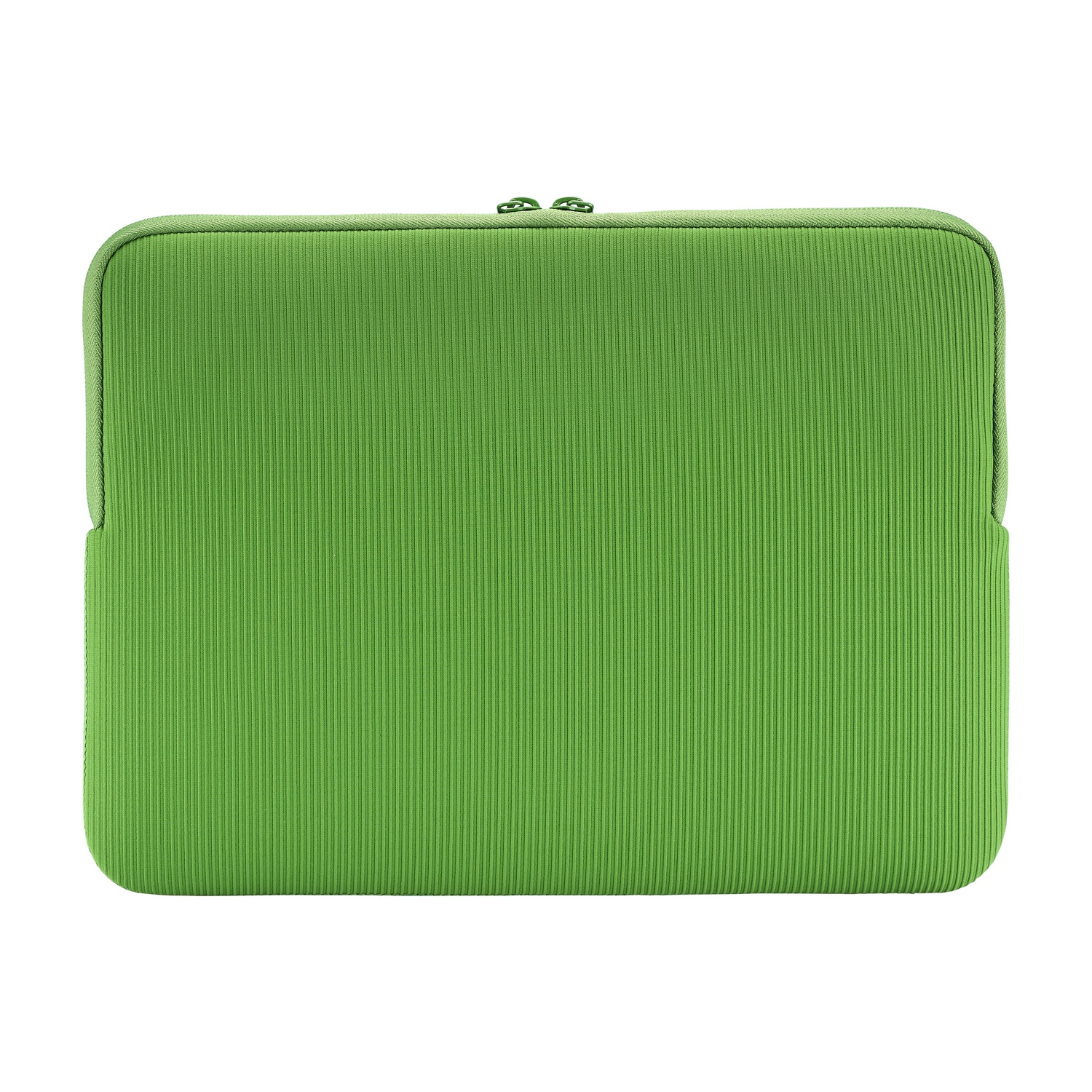 Una custodia per laptop verde lime. Ha una cerniera in alto e un motivo a coste verticali strutturato.