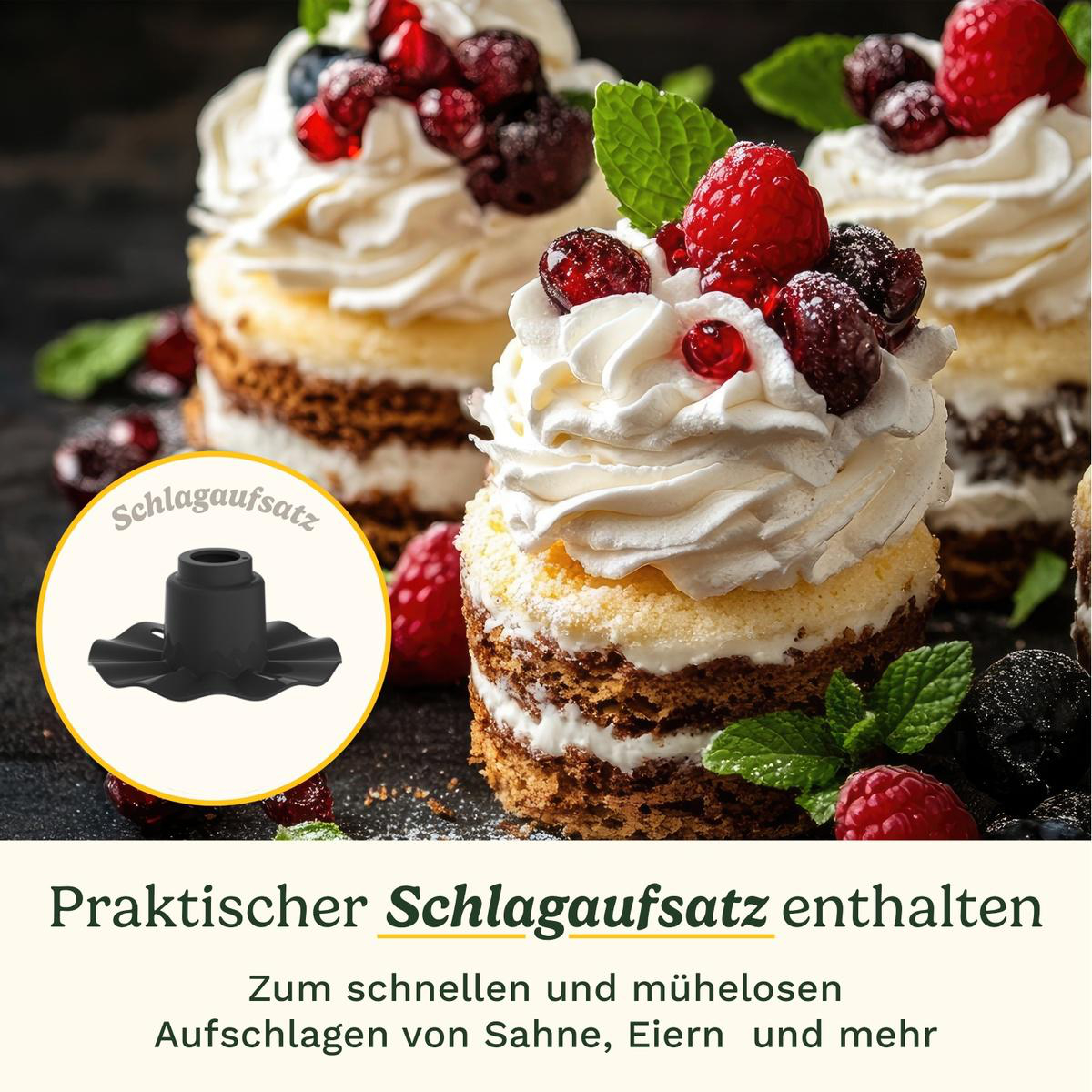 Kuchen mit Sahne und Beeren. Schwarzer Aufsatz zum Aufschlagen von Sahne. Text: 'Praktischer Schlagaufsatz'.