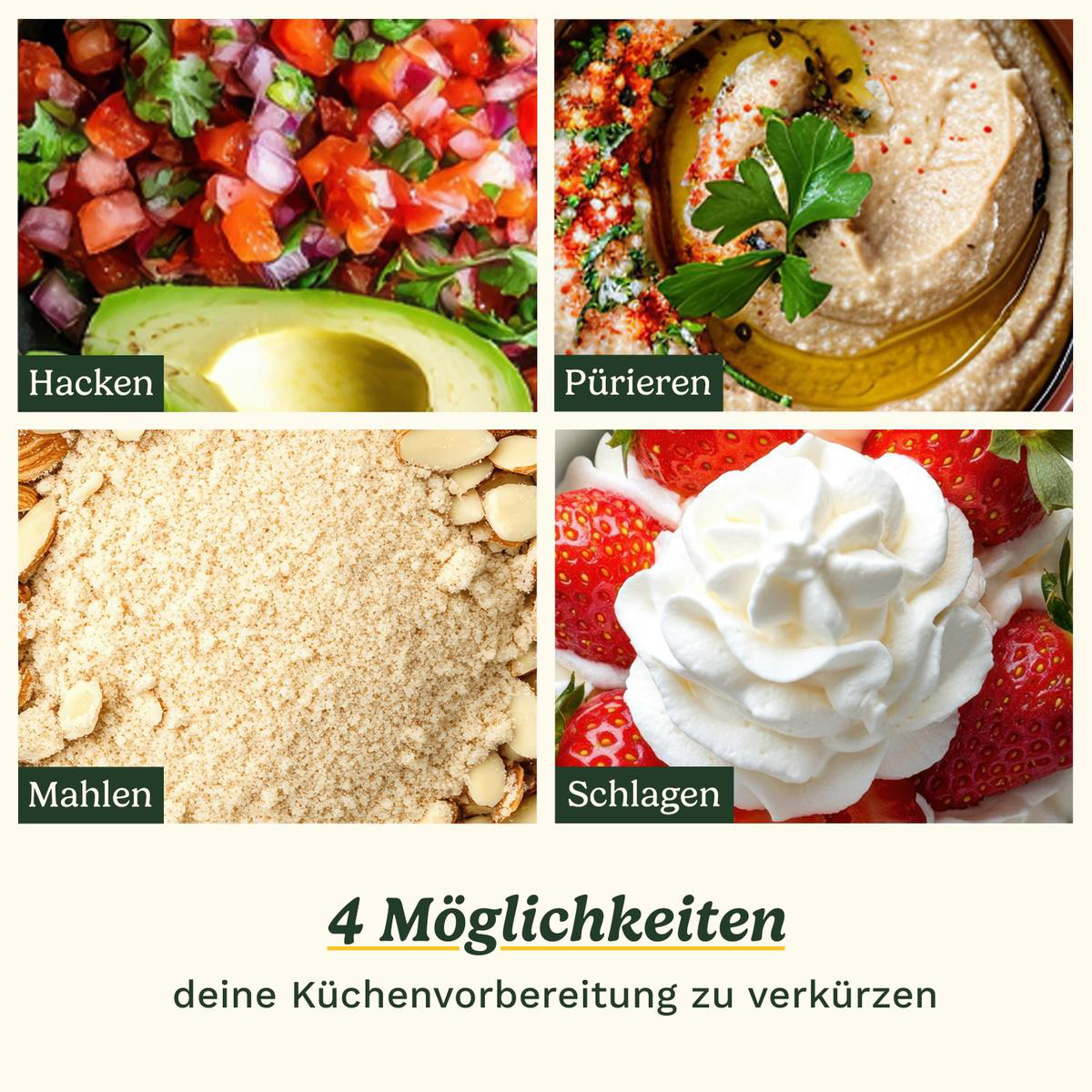 Vier Bilder: gehacktes Gemüse, Hummus, Mandelmehl, Schlagsahne mit Erdbeeren. Text: '4 Möglichkeiten, Ihre Küchenvorbereitung zu verkürzen'.