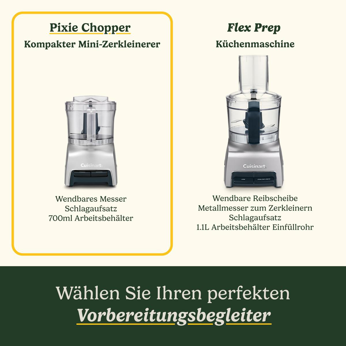 Das Bild zeigt zwei Küchenmaschinen mit Etiketten. Pixie Chopper links, Flex Prep rechts. Grüner Hintergrund mit Text.