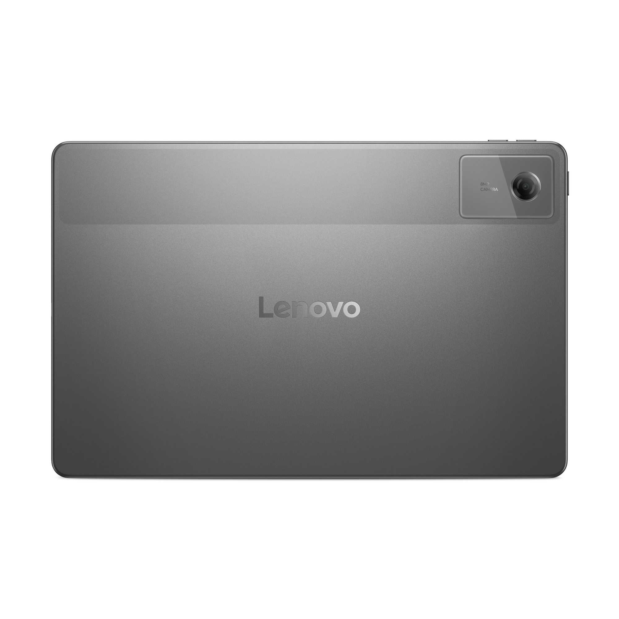 Graue Lenovo Tablet-Rückseite. Verfügt über eine Kamera und ein Logo. Der Hintergrund ist schwarz.