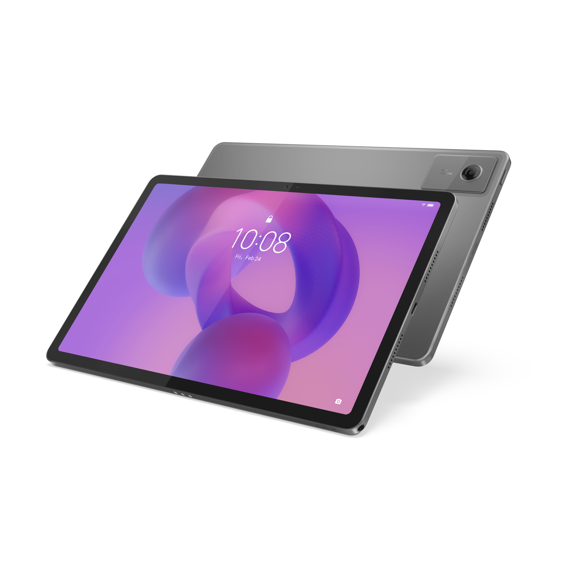 Une tablette avec un écran violet et rose affichant l'heure 10h08. La tablette est grise et posée sur fond noir.