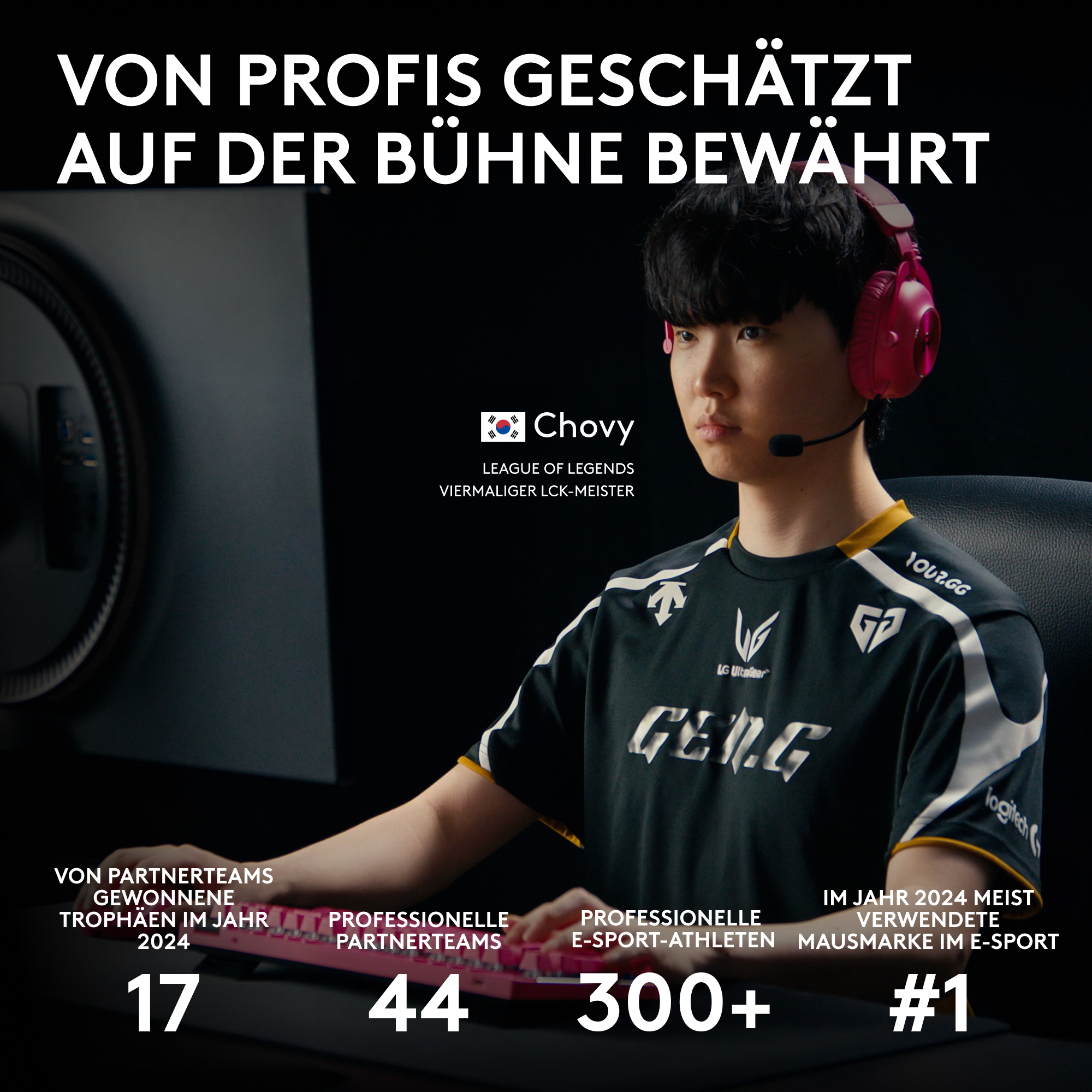 Ein Gamer mit Headset und Trikot in einem Gaming-Setup. Text-Overlays enthalten 'Chovy' und E-Sport-Statistiken.