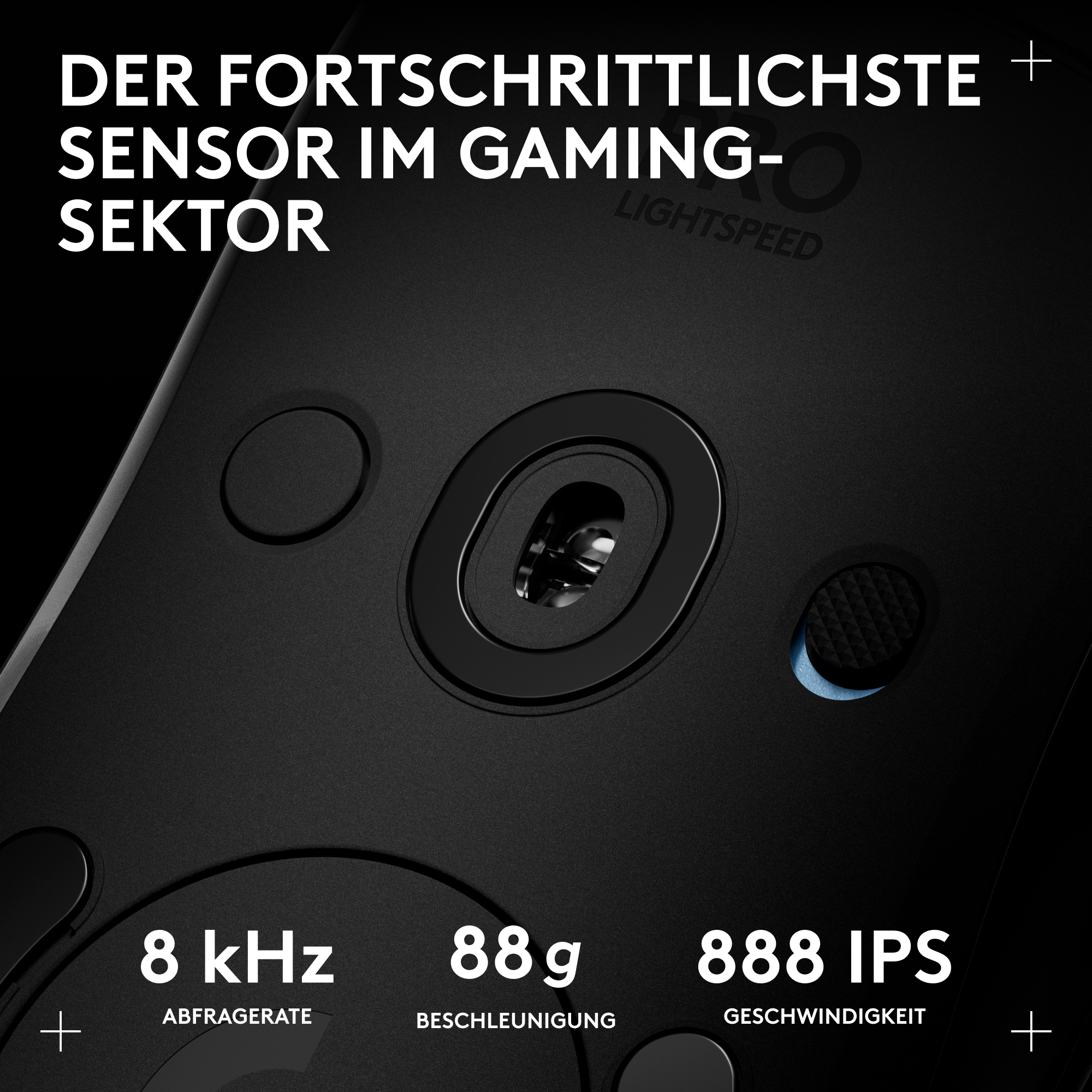 Schwarze Gaming-Maus mit Text: 8 kHz, 88 g, 888 IPS. Titel: DER FORTSCHRITTLICHSTE SENSOR IM GAMING-SEKTOR.