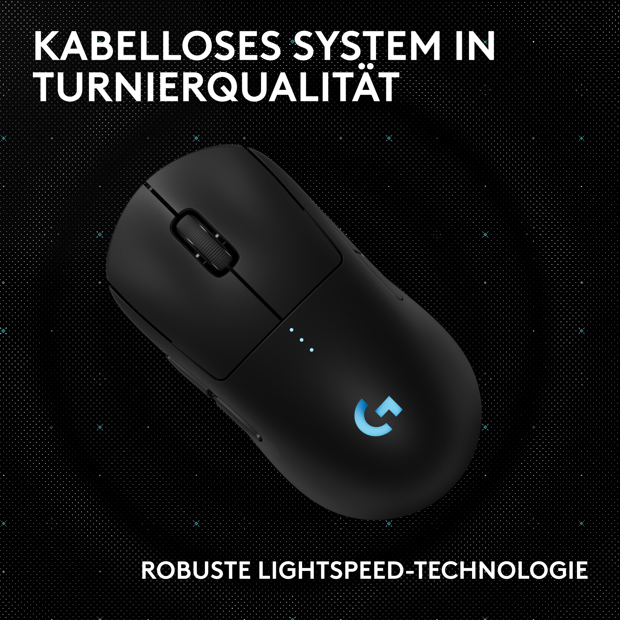 Schwarze kabellose Gaming-Maus mit blau leuchtendem Logo und Indikatoren. Text lautet 'KABELLOSES SYSTEM IN TURNIERQUALITÄT'.