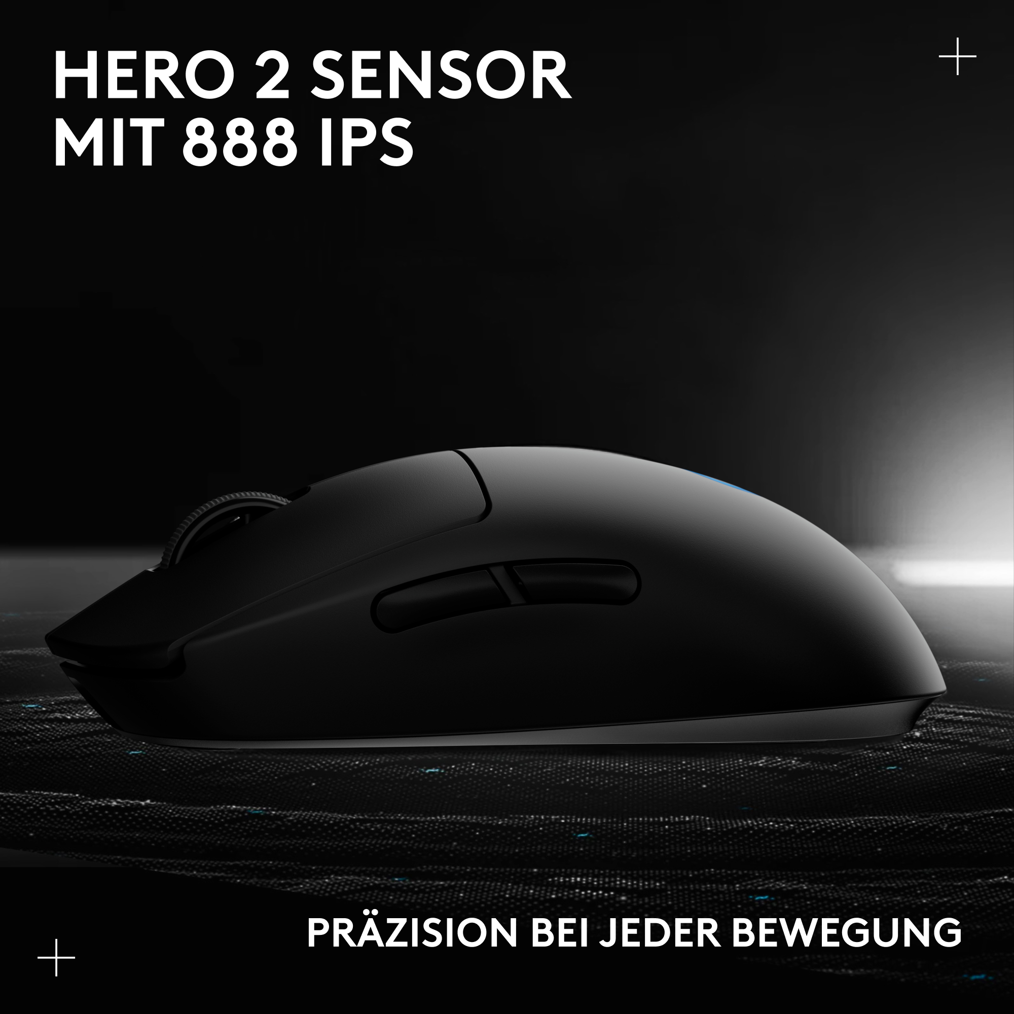 Schwarze Computermaus. Der Text oben lautet: HERO 2 SENSOR MIT 888 IPS. Der Text unten lautet: PRÄZISION BEI JEDER BEWEGUNG.