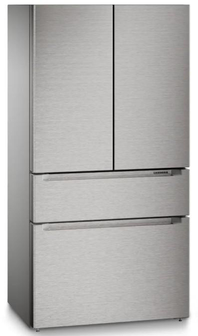 Ein Kühlschrank aus Edelstahl mit zwei oberen Türen und zwei unteren Schubladen. Der Markenname 'Liebherr' ist sichtbar.