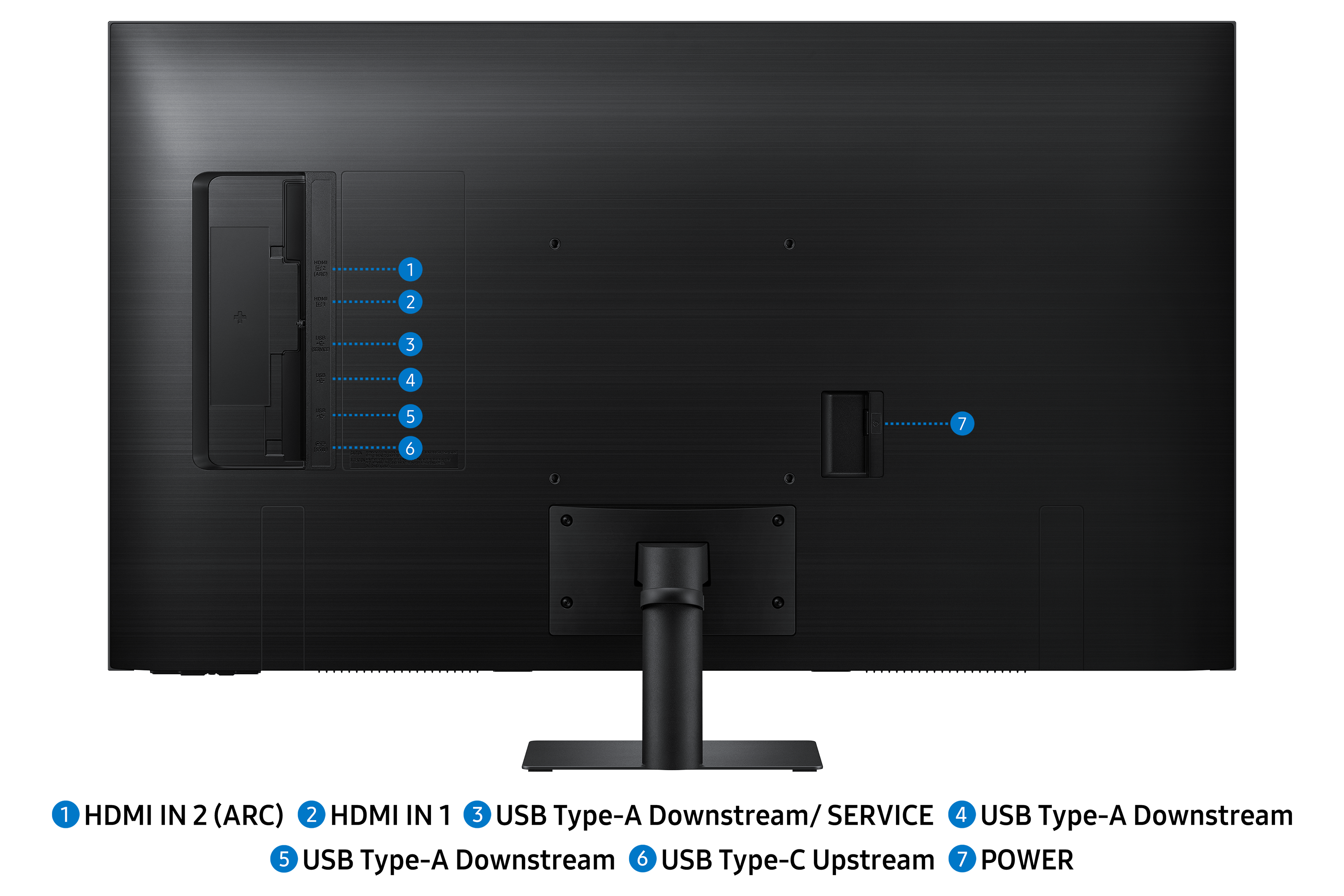 HDMI, USB ve Güç bağlantı noktaları olan siyah bir TV'nin arkası. Bir stand ile.