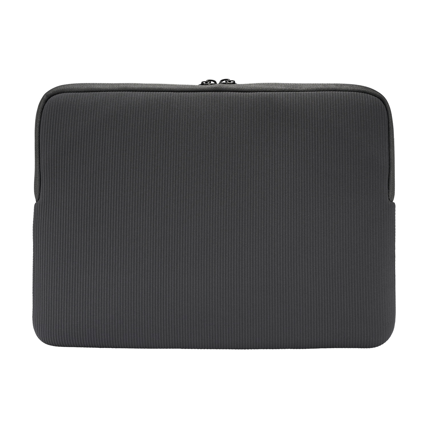 Una custodia rettangolare per laptop color antracite con linee verticali strutturate. È visibile una piccola cerniera e angoli arrotondati.